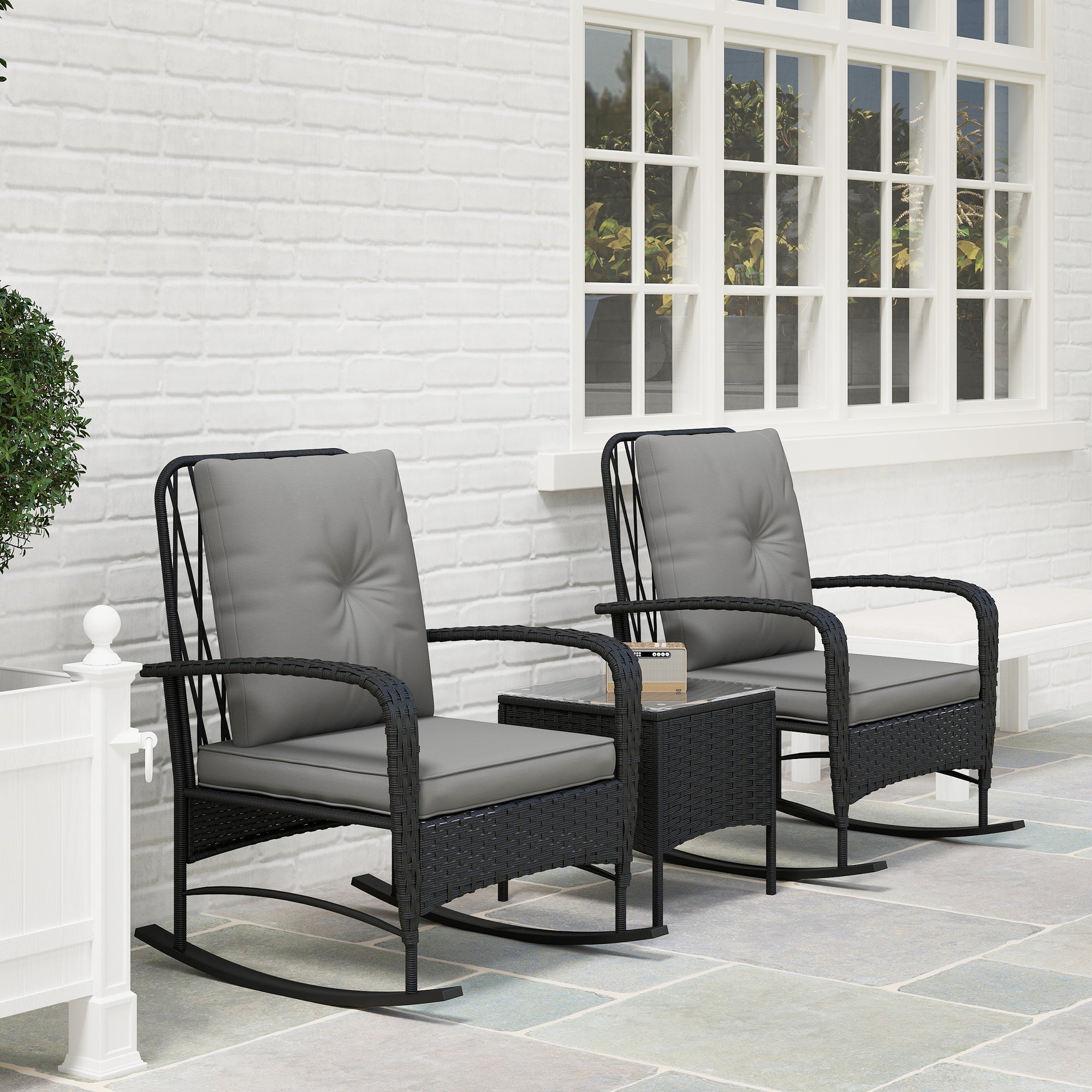 Outsunny Three-Piece Rocking Chair Rattan Bistro Set - Black 