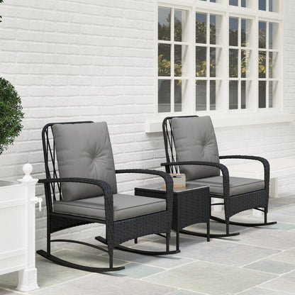 Outsunny Three-Piece Rocking Chair Rattan Bistro Set - Black 