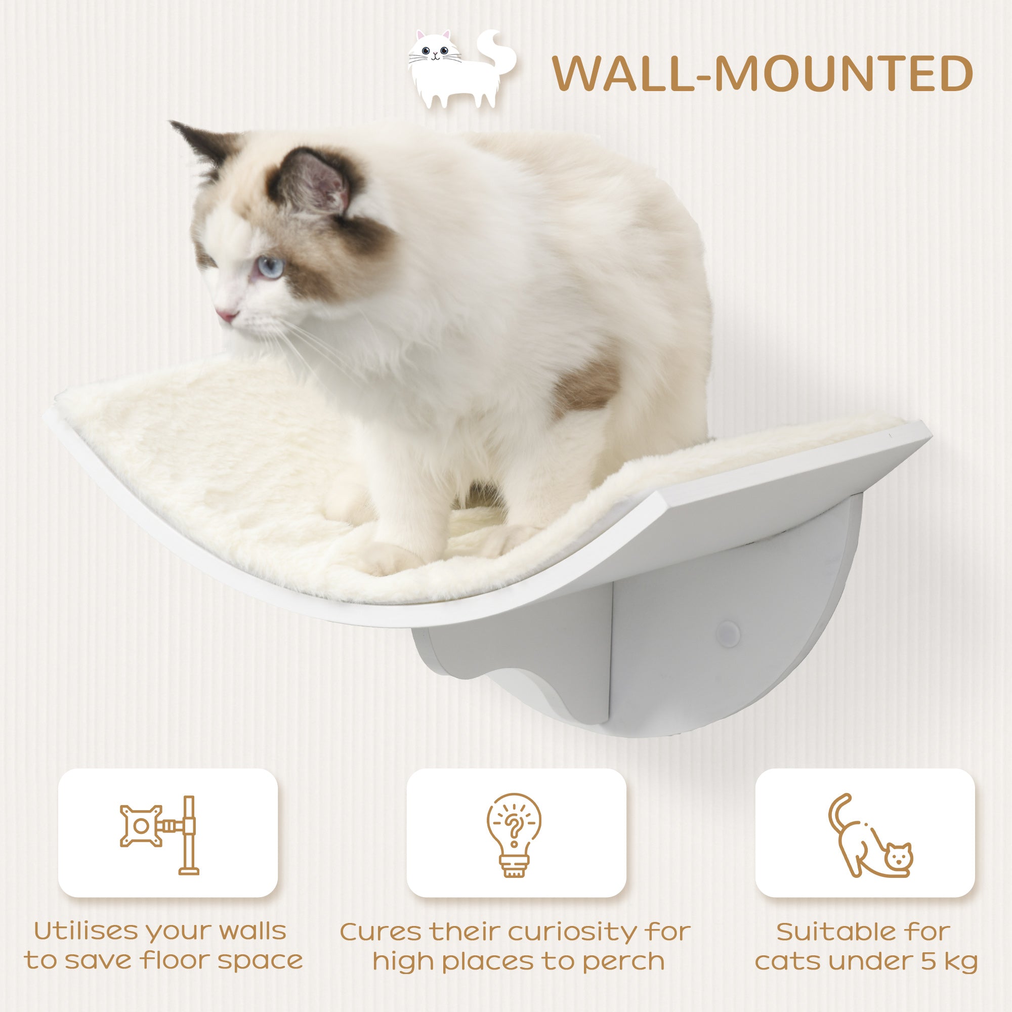 PawHut Wood Cat Shelves Wall-Mounted Shelter Curved Kitten Bed Cat Perch Climber Cat Furniture 41 x 28 x 21cm White 