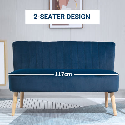 HOMCOM Modern Velvet Double Seat Sofa w/ Wood Frame Foam Padding High Back Soft Comfortable Compact Couch Blue 
