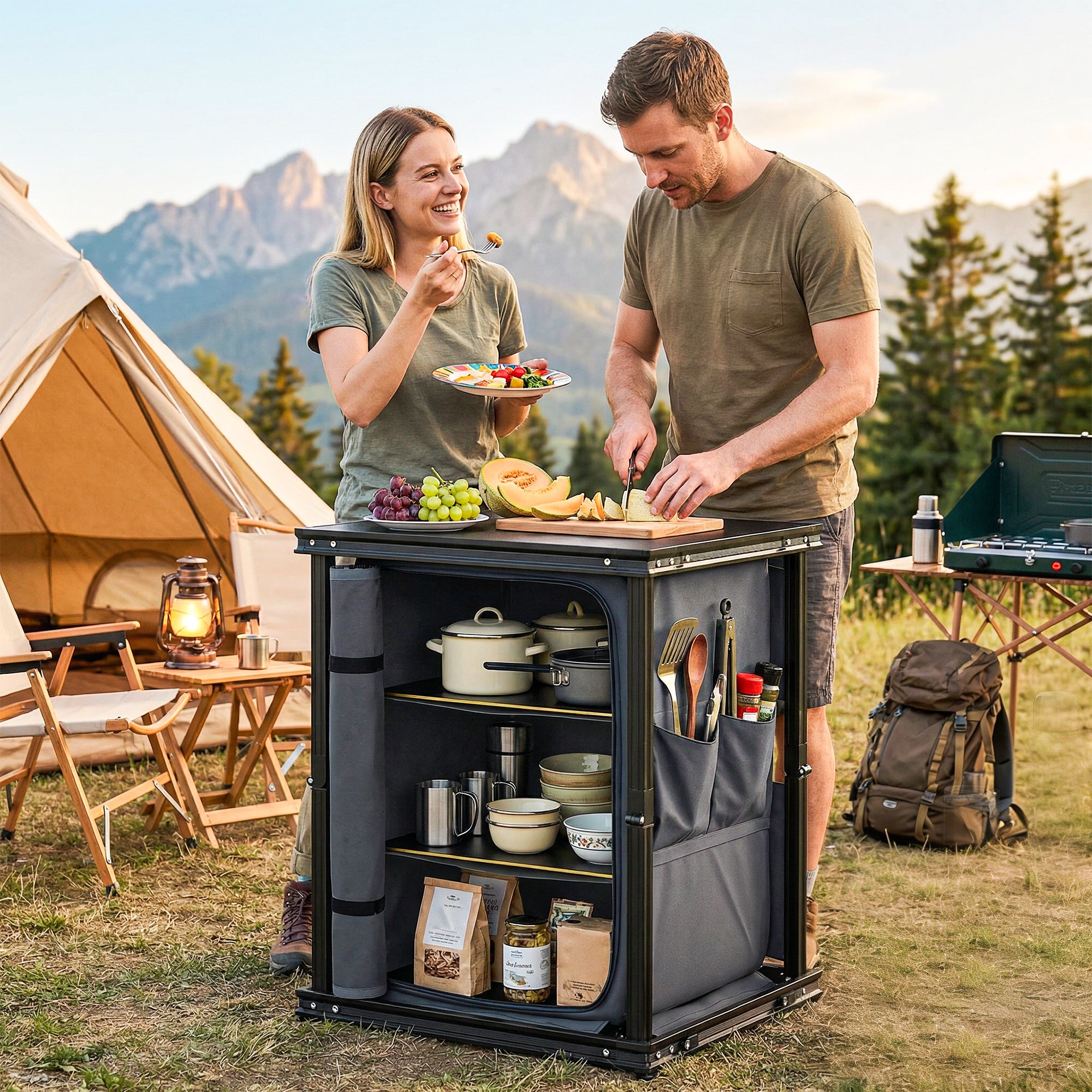 Outsunny Camping Camping Cupboards, Folding Portable Kitchen Table with 3-Tier Storage, Black 