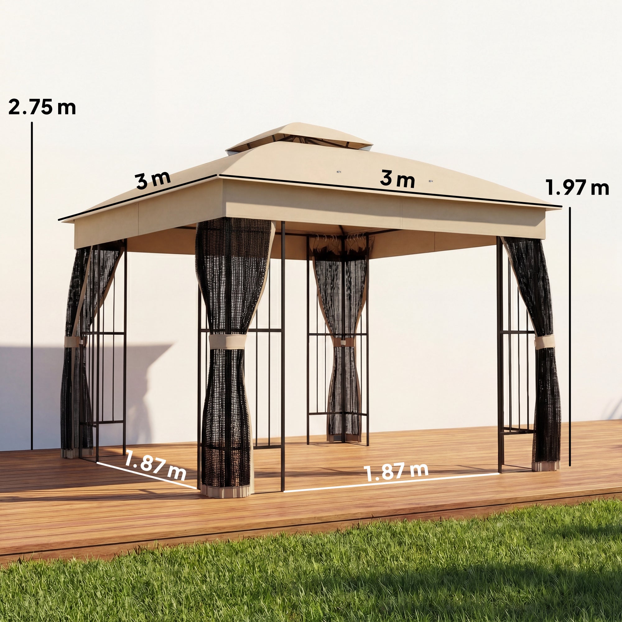 Outsunny 3 x 3 m Outdoor Garden Gazebo with Post Shelves, UPF50+ Double Roof Patio Permanent Pavilion, Brown 