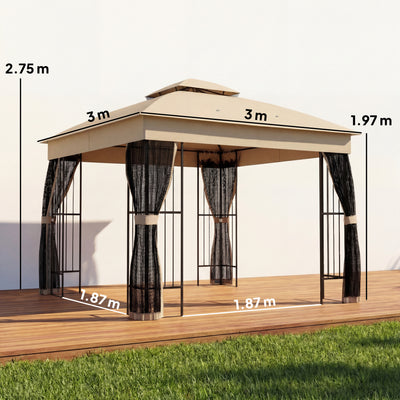 Outsunny 3 x 3 m Outdoor Garden Gazebo with Post Shelves, UPF50+ Double Roof Patio Permanent Pavilion, Brown 