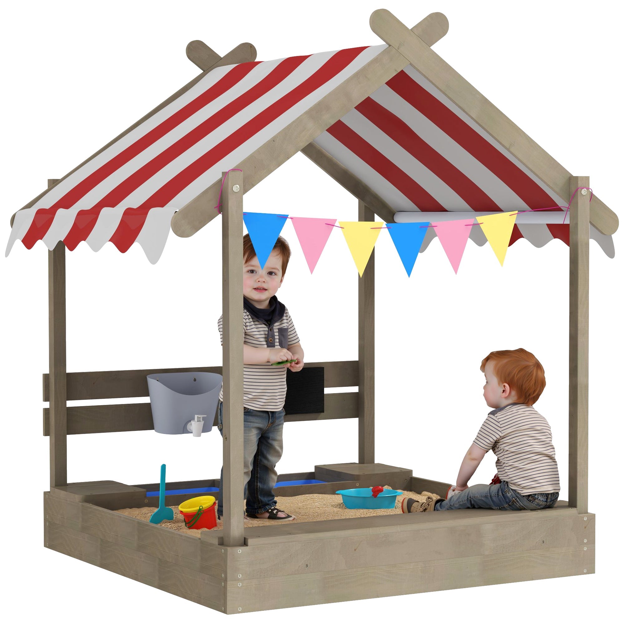 Outsunny House-Designed Wooden Sandbox, Outdoor Sandpit, with Blackboard, Toys, Sink, Seats, Flags, for Ages 3-7 Years - Grey 