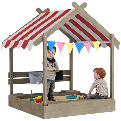 Outsunny House-Designed Wooden Sandbox, Outdoor Sandpit, with Blackboard, Toys, Sink, Seats, Flags, for Ages 3-7 Years - Grey 