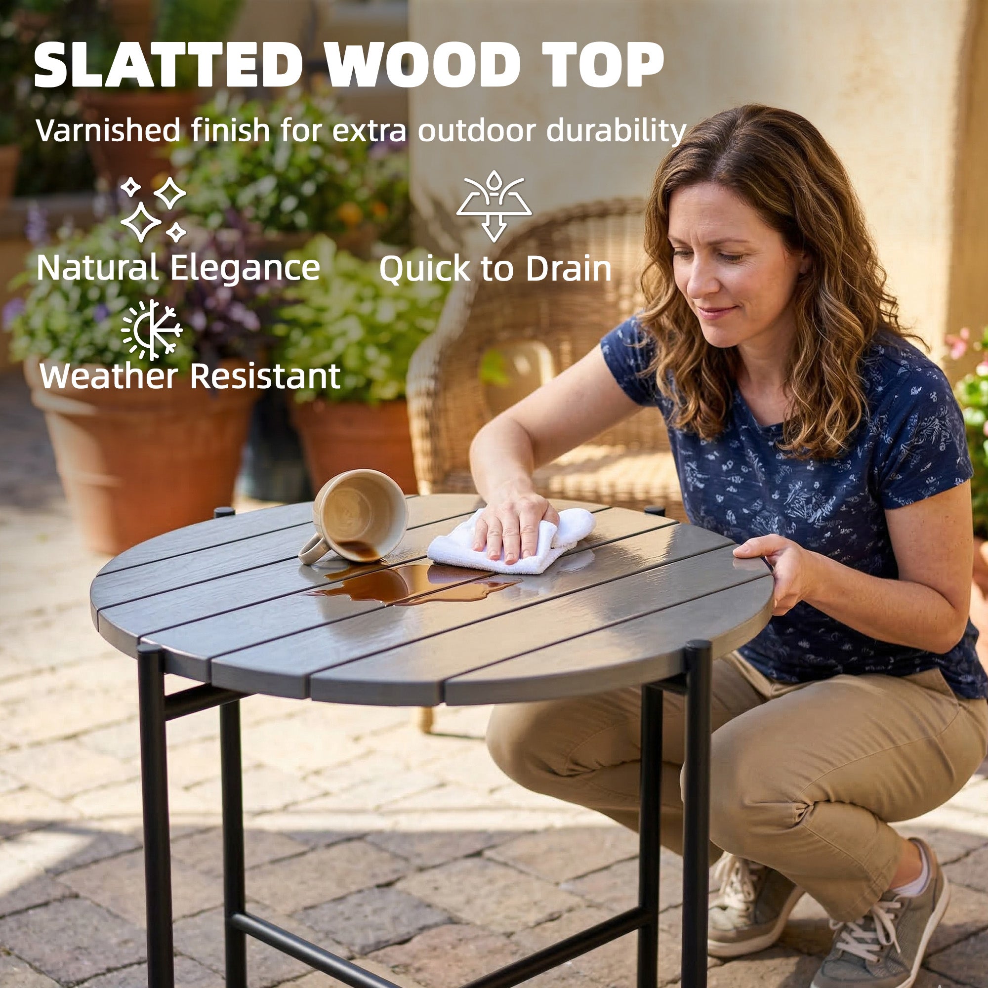 Outsunny 54 cm Round Outdoor Side Table, Industrial Small Garden Table with Slatted Wood Top and Metal Frame, Dark Grey 