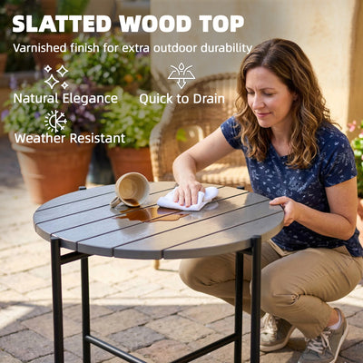 Outsunny 54 cm Round Outdoor Side Table, Industrial Small Garden Table with Slatted Wood Top and Metal Frame, Dark Grey 