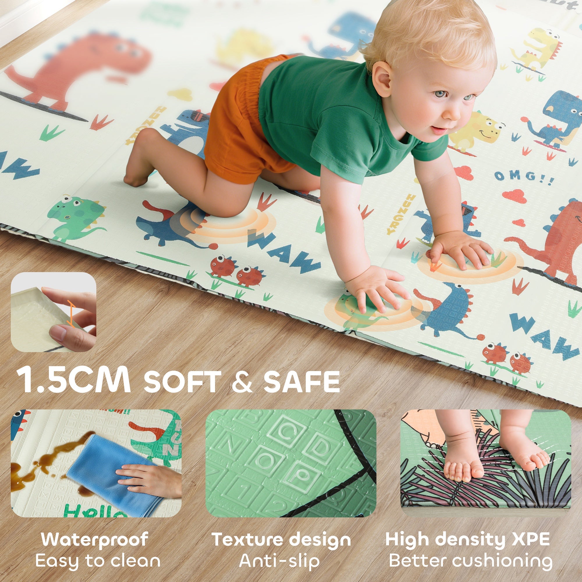AIYAPLAY Baby Play Mat, Double Sideded Foldable Kids Crawling Mat, Reversible & Waterproof, Dinosaur
