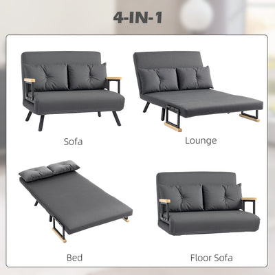 HOMCOM 4-in-1 Velvet-Feel Double Sofa Bed, with Pillows - Dark Grey 