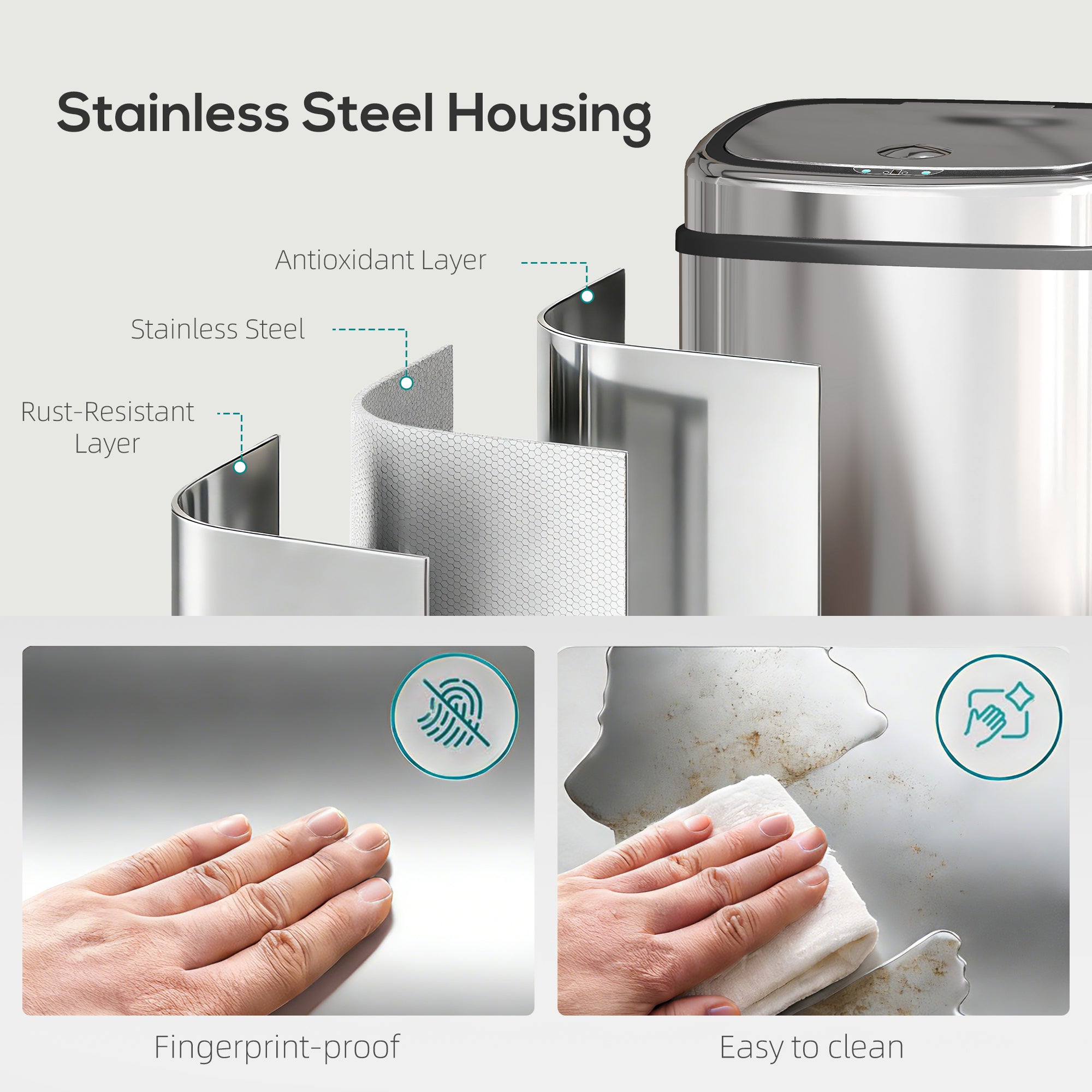 HOMCOM 50L Stainless Steel Sensor Bin - Silver Tone 