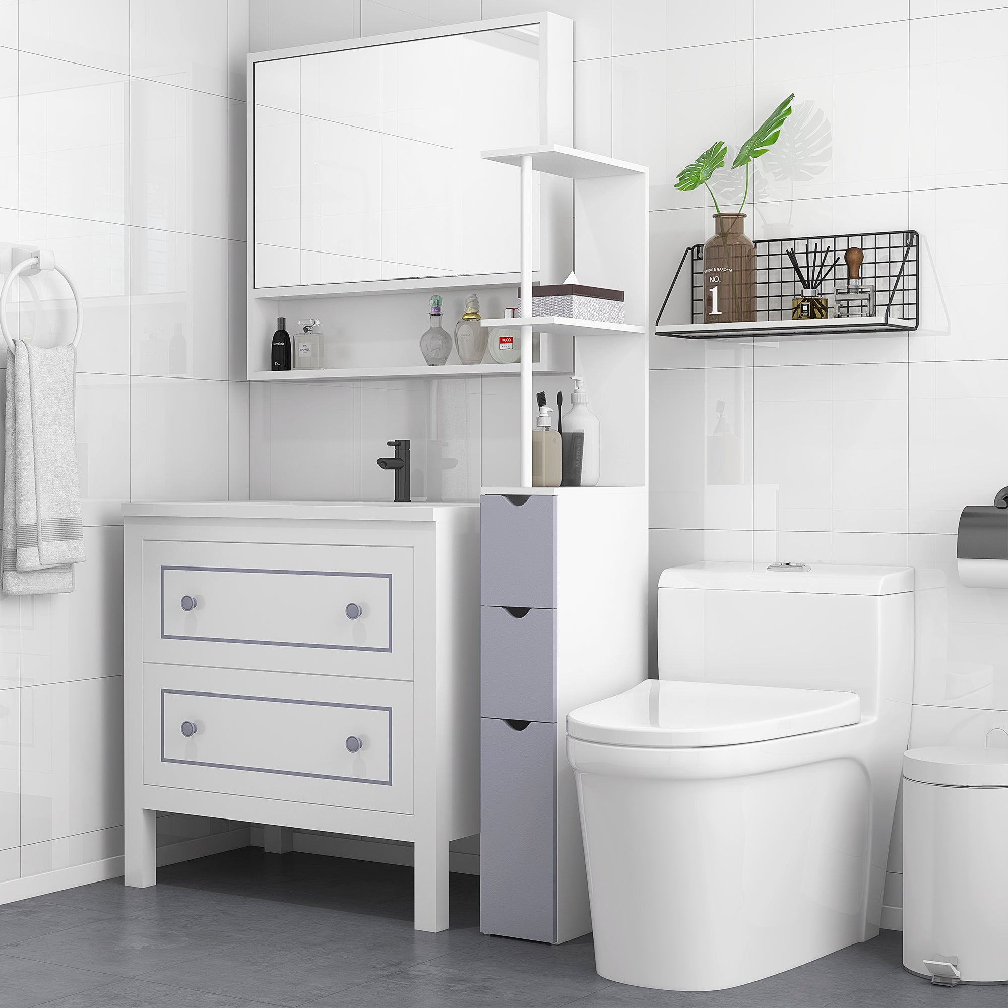 HOMCOM Tall Bathroom Cabinet, Freestanding Bathroom Storage Cabinet with 2-Tier Shelf and Drawers, Narrow Cupboard Storage Unit, White, Grey 