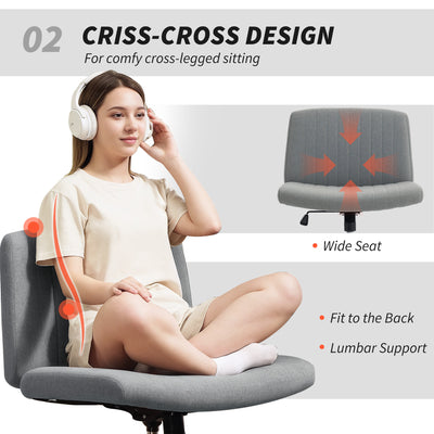 HOMCOM Armless Office Chair No Wheels, Linen Fabric Criss Cross Legged Desk Chair with Wide Seat, Thick Padding, Tilt Function, Height Adjustable Swivel Computer Seat for Home, Grey 