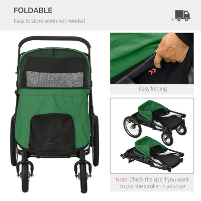 PawHut Foldable Pet Stroller, with Washable Cushion, Storage Bags, Safety Leash, for Medium, Large Dogs, Cats - Green 