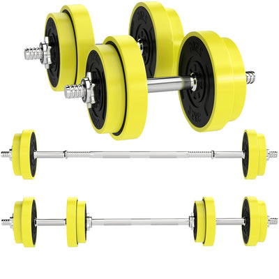 HOMCOM 20KGS 2-In-1 Dumbbell & Barbell Adjustable Set Strength Muscle Exercise Fitness Plate Bar Clamp Rod Home Gym Sports Area, Yellow 