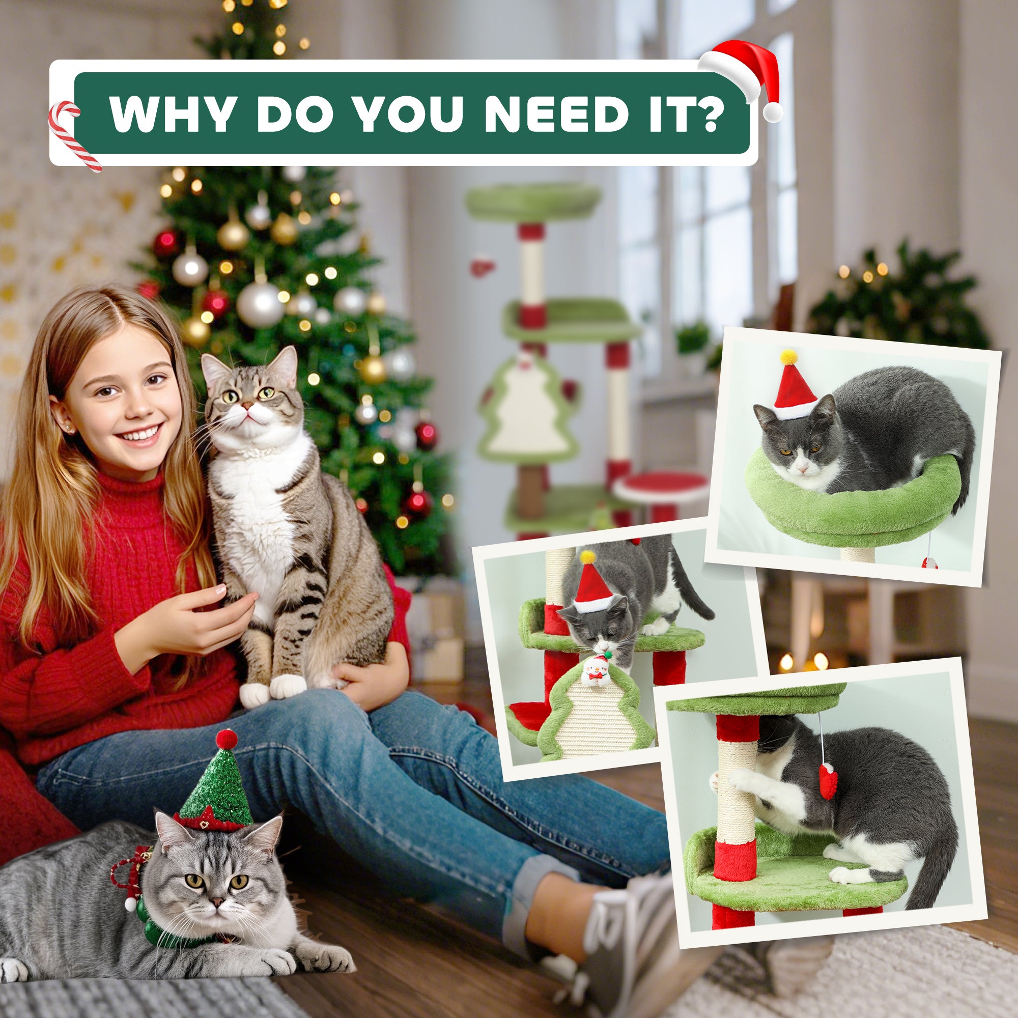 PawHut Cat Tree, 120cm Christmas Cat Tower with 3 Scratching Posts, Scratching Board, 2 Perches, Platforms, Toys, Green 