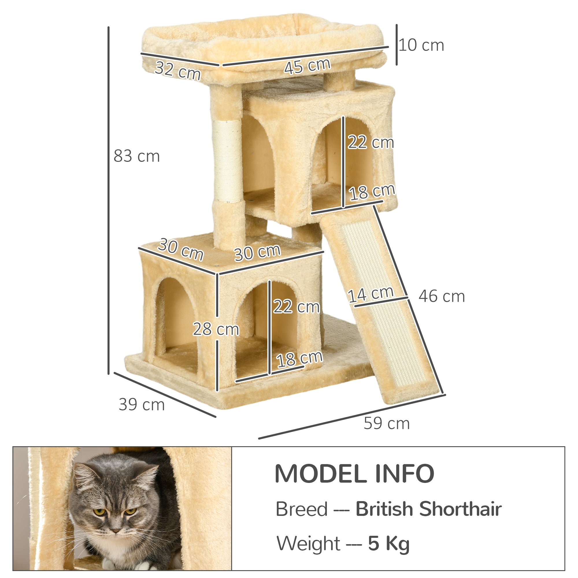 PawHut Sisal Cat Rest & Play Activity Tree w/ 2 House Cream White 