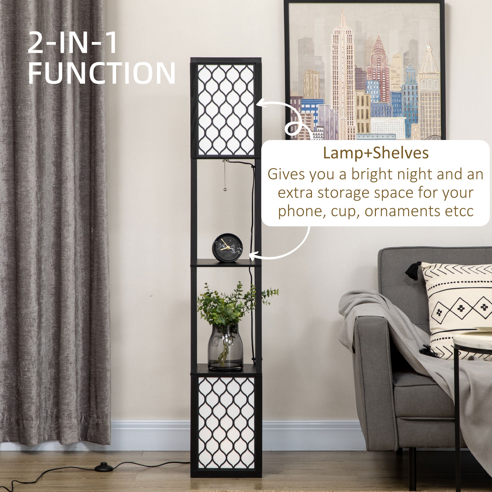 HOMCOM Floor Lamp with Shelves, Dual Light, Modern Tall Standing Lamps for Living Room, Bedroom, with Pull Chain Switch, Bulb not Included, Black 