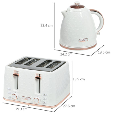 HOMCOM 1.7L 3000W Fast Boil Kettle & 4 Slice Toaster Set, Kettle and Toaster Set with 7 Browning Controls, Crumb Tray, White 