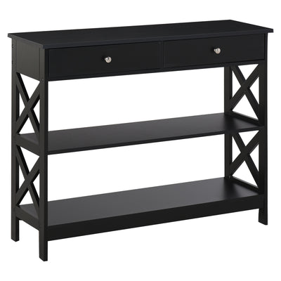 HOMCOM Console Table Side Desk w/ Shelves Drawers Open Top X Support Frame Living Room Hallway Home Office Furniture Black 