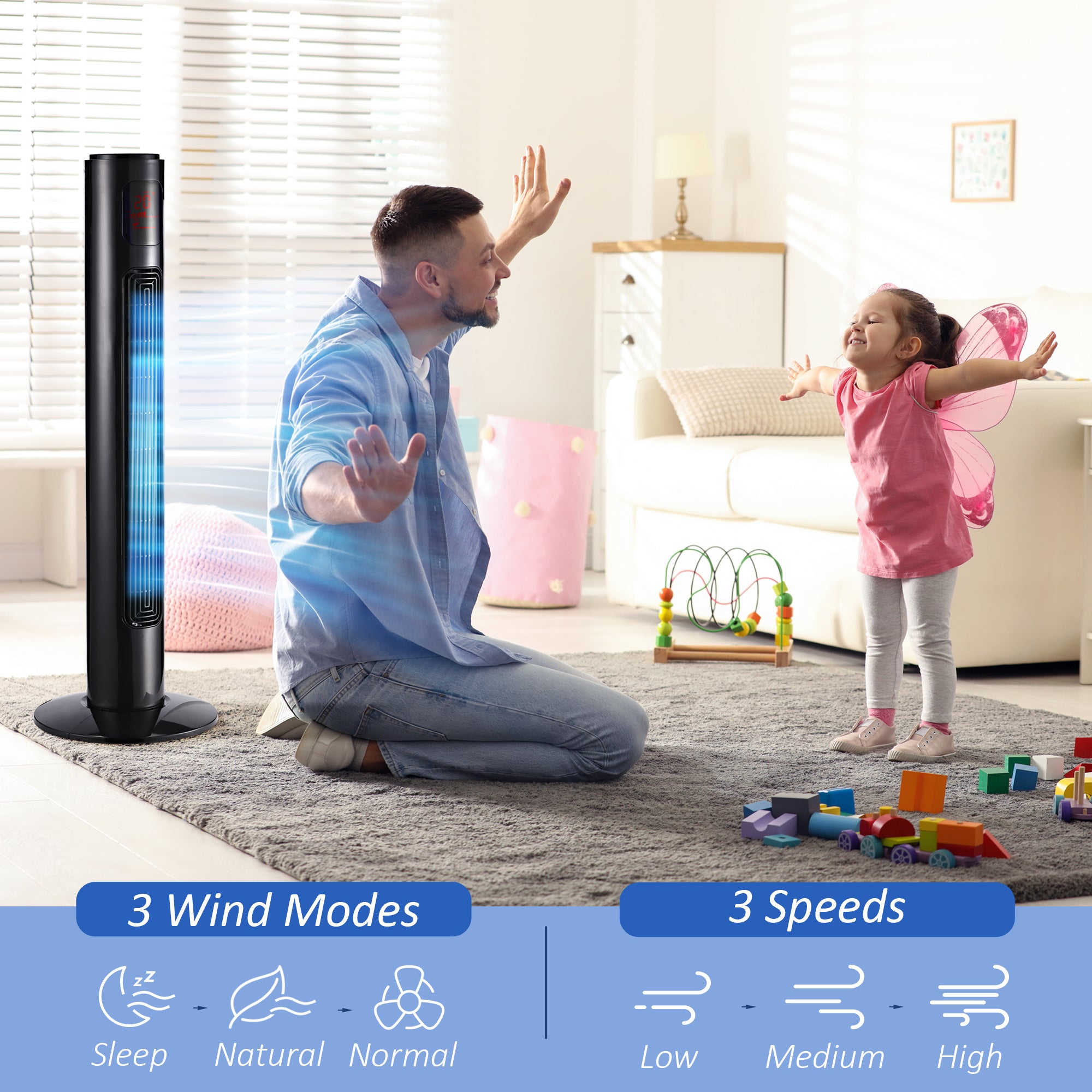 HOMCOM 38'' Freestanding Tower Fan, 3 Speed 3 Mode, 12h Timer, 70 Degree Oscillation, LED Panel, 5M Remote Controller, Black 