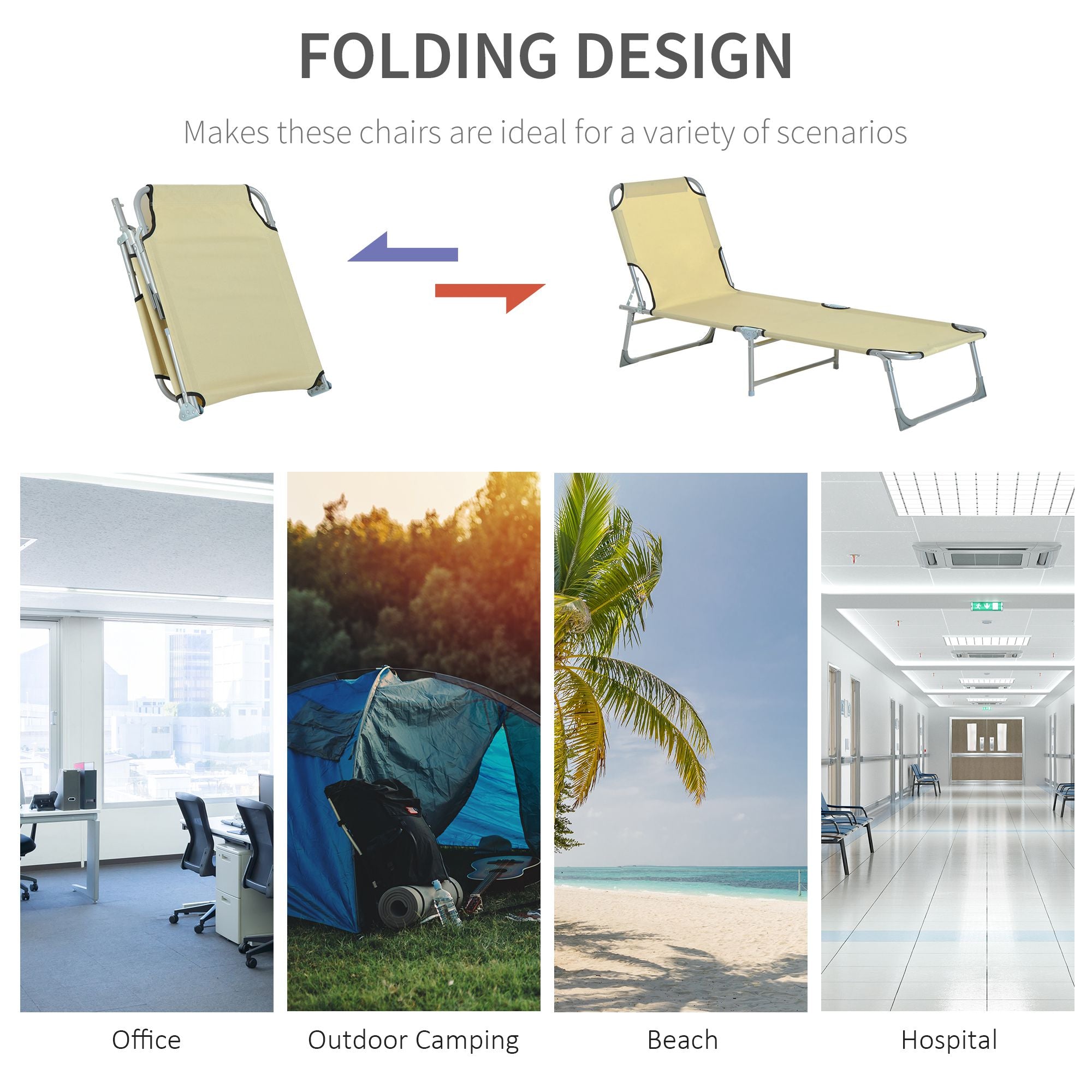 Outsunny Reclining Sun Lounger Chair Folding Camping Bed with 4-Position Adjustable Backrest, for Travel Indoor Outdoor Office Fishing, Beige 