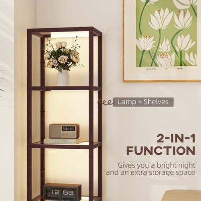 HOMCOM LED Floor Lamp with Glass Shelves, 4 Layers Dimmable Tall Standing Lamp, Modern Column Shelf Floor Light for Living Room, Bedroom, Office, Dark Brown 