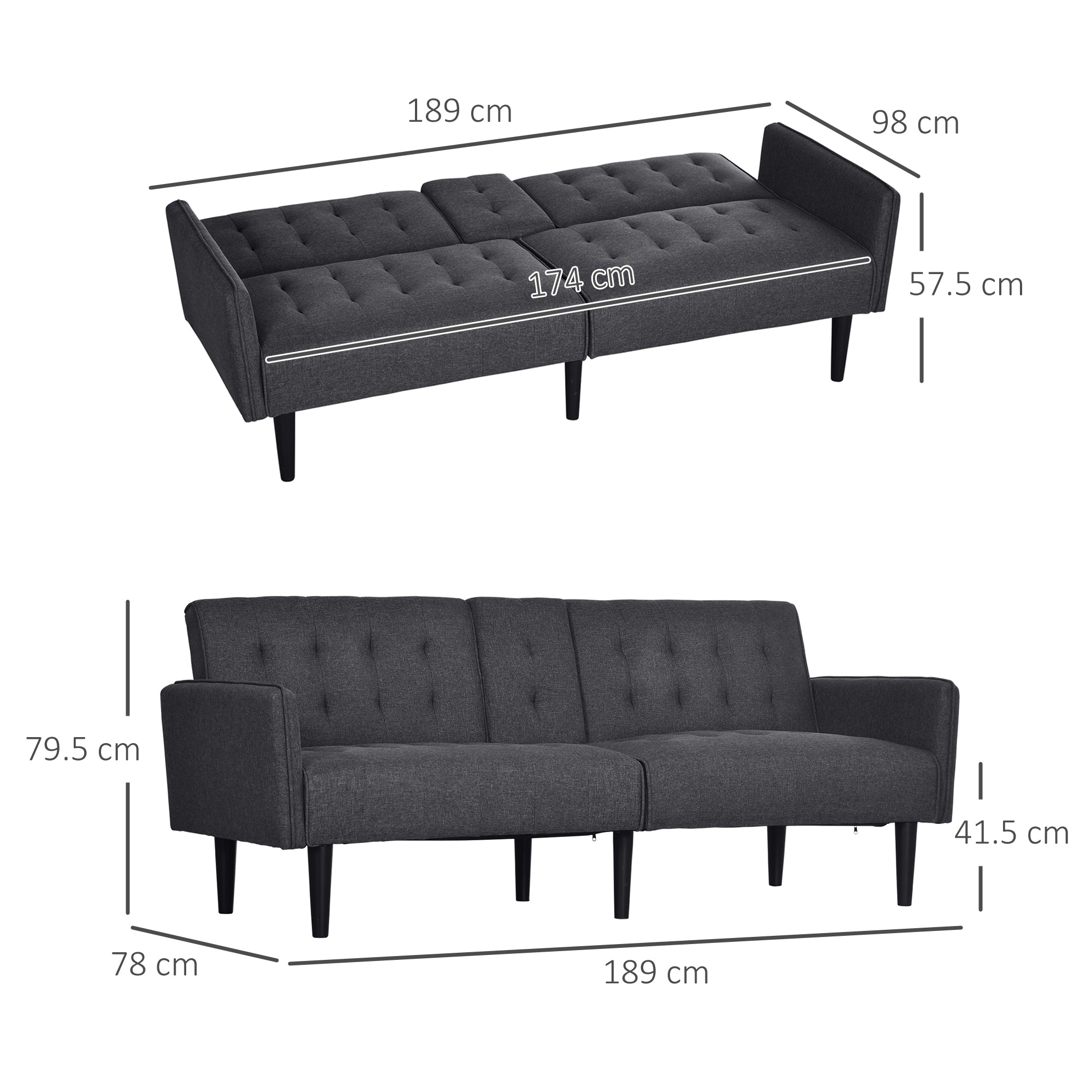 HOMCOM Upholstered Click Clack Sofa Bed, Linen-Feel 3 Seater Sofa Bed with Storage and Cupholders, Grey 
