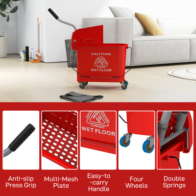 HOMCOM 20L Mop Bucket on Wheels, with Water Separation Panel - Red 