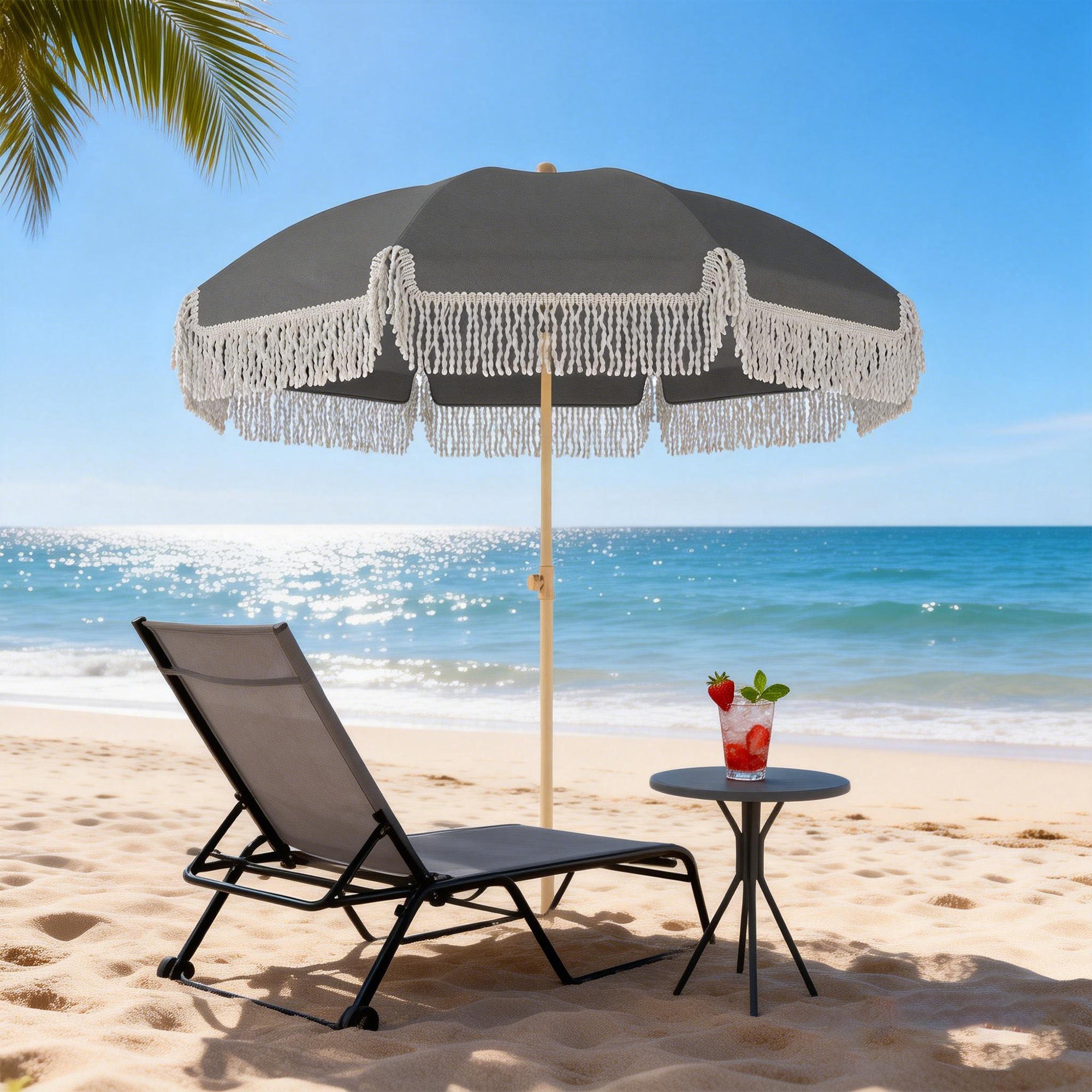 Outsunny 1.7 m Beach Umbrella with Sand Anchor, 30° Tilting Fringed Beach Garden Parasol with Adjustable Height, Grey 
