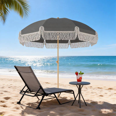Outsunny 1.7 m Beach Umbrella with Sand Anchor, 30° Tilting Fringed Beach Garden Parasol with Adjustable Height, Grey 