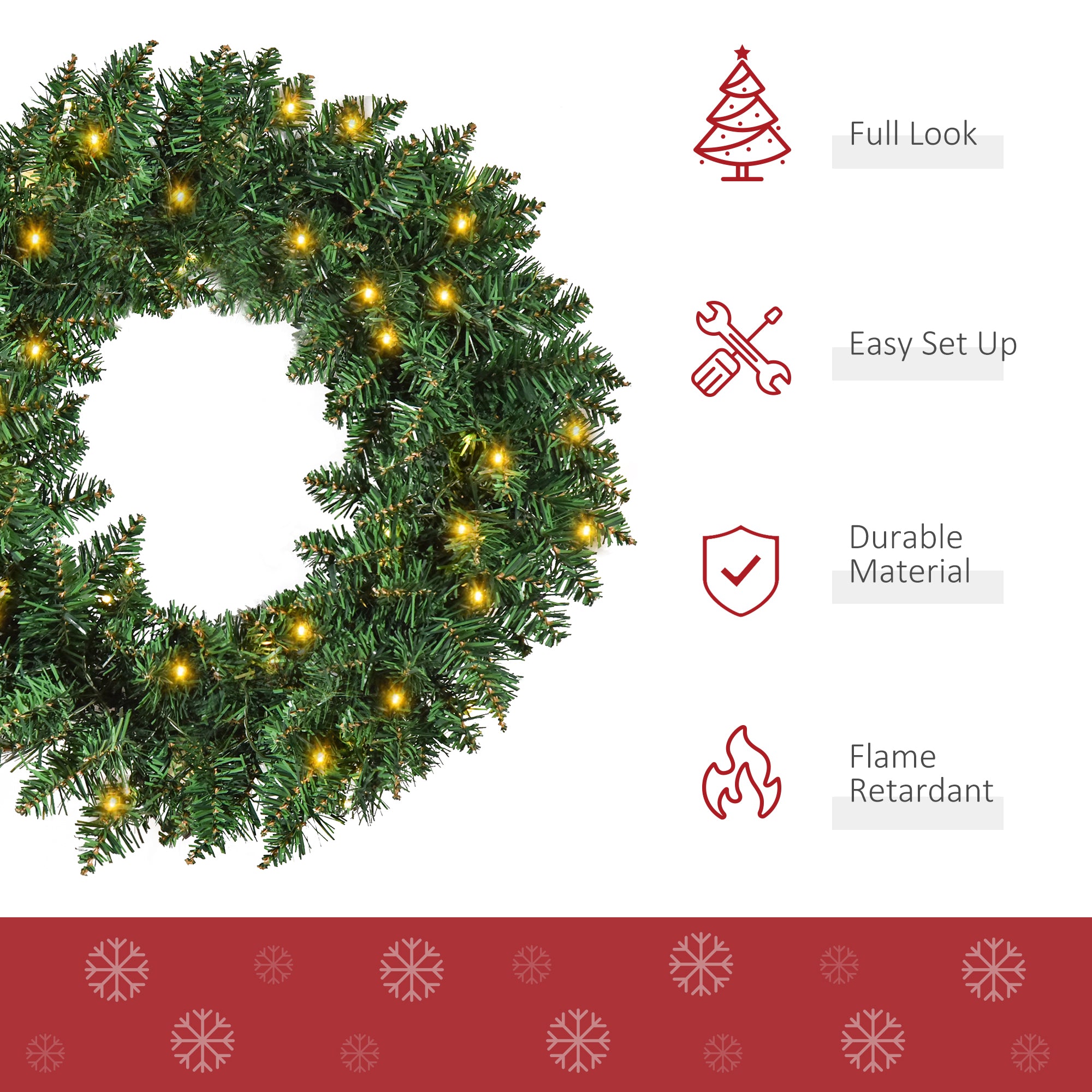 HOMCOM 55CM Pre-lit Christmas Wreath with 50 Warm White LED Ideal Xmas Artificial Door Decoration 