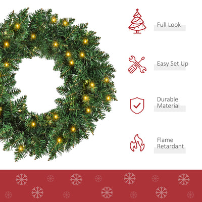 HOMCOM 55CM Pre-lit Christmas Wreath with 50 Warm White LED Ideal Xmas Artificial Door Decoration 