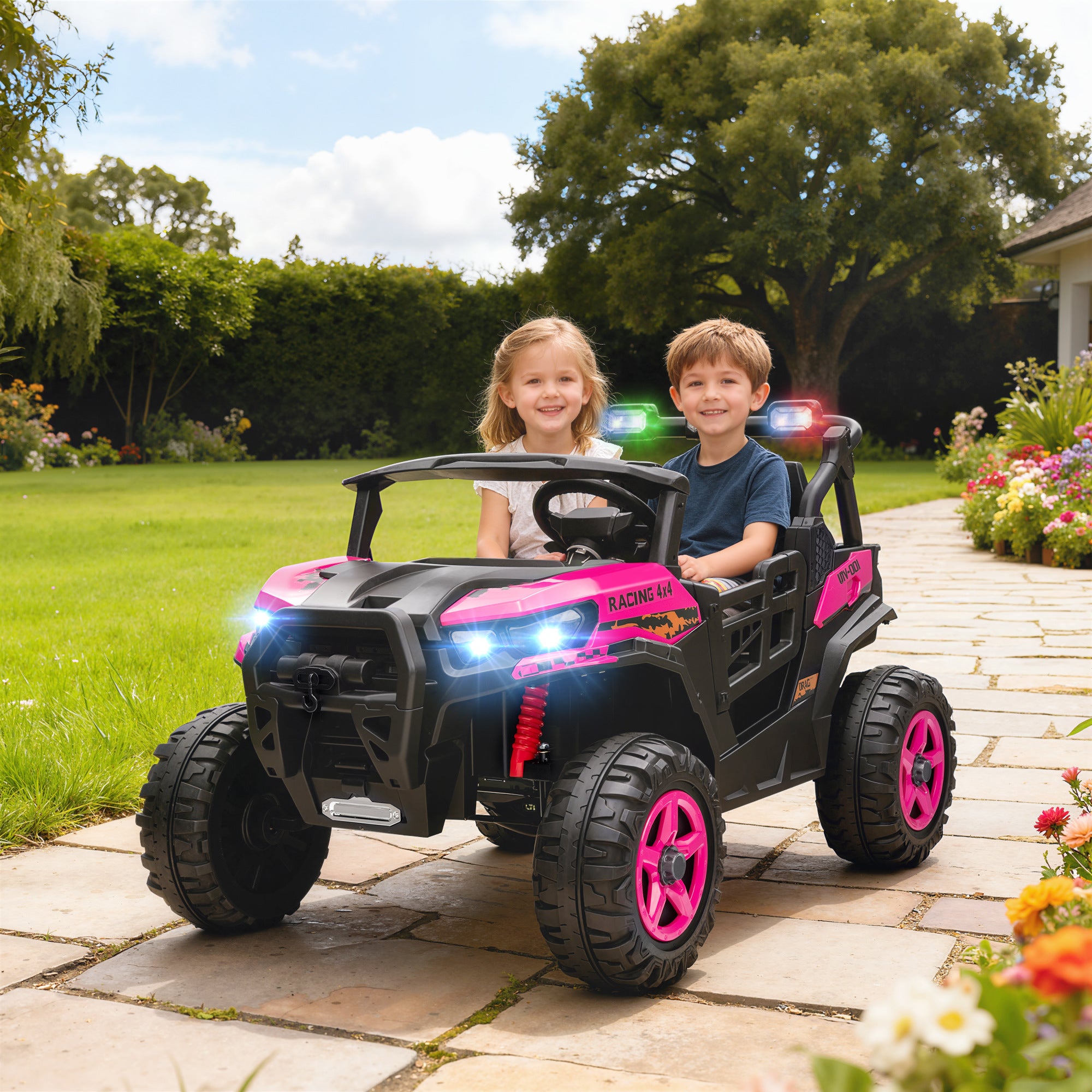 AIYAPLAY 24V Electric Ride on Car, 2-Seater Electric Car for Kids with Remote, Bluetooth, Soft Start, Suspension Spring, Pink 
