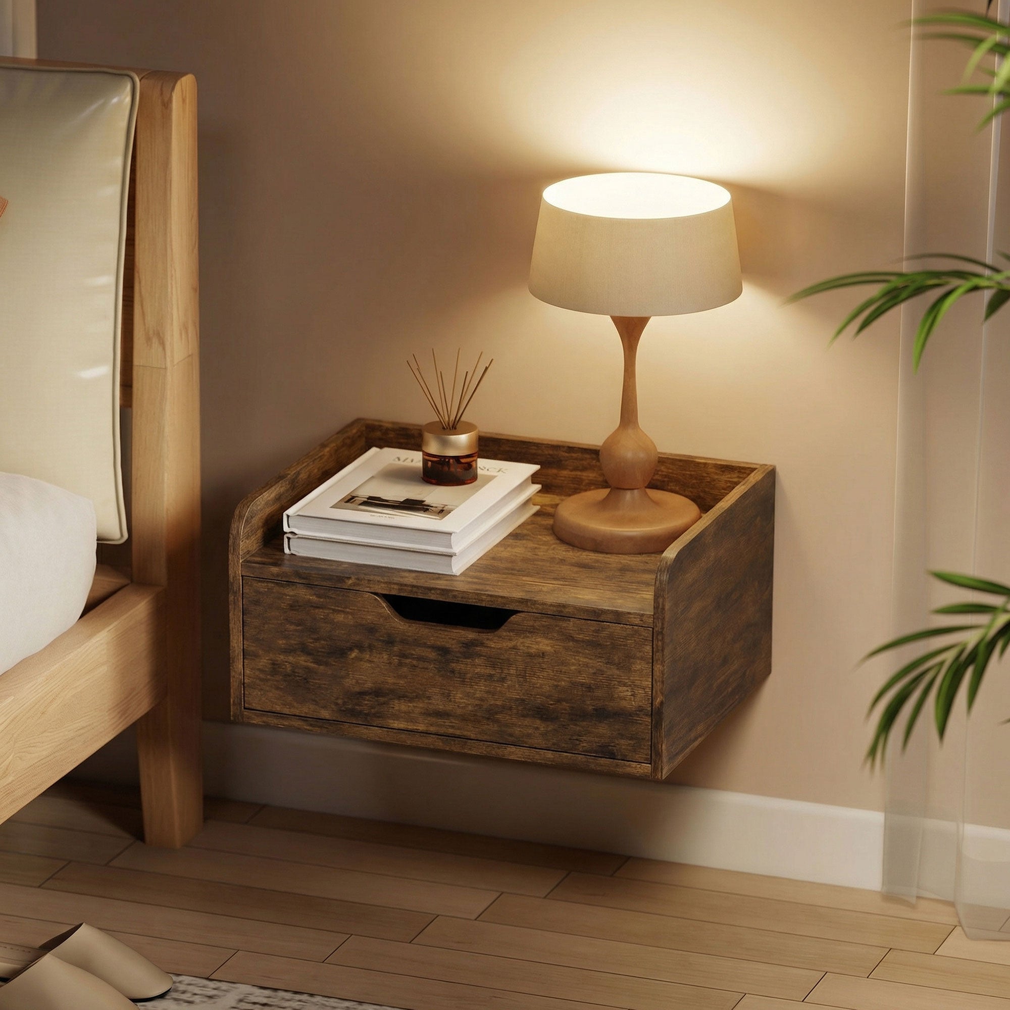 HOMCOM Floating Nightstands Set of 2, Wall Mounted Bedside Table with Drawer for Bedroom, Rustic Brown 