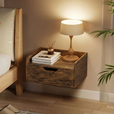 HOMCOM Floating Nightstands Set of 2, Wall Mounted Bedside Table with Drawer for Bedroom, Rustic Brown 