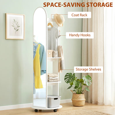 HOMCOM 2-in-1 Full Length Mirror with Storage Shelves, Floor Mirror with 4 Wheels, Coat Rack, Hooks, White