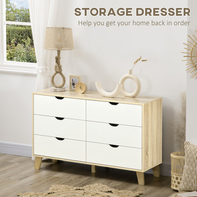HOMCOM Bedroom Chest of Drawers, Wide 6-Drawer Dresser, Storage Drawer Unit with Wood Legs for Living Room, White and Light Brown 
