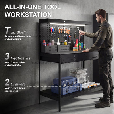 HOMCOM 110 cm Workbench with Pegboard, Heavy Duty Work Table with Power Strip and LED Light, Black 