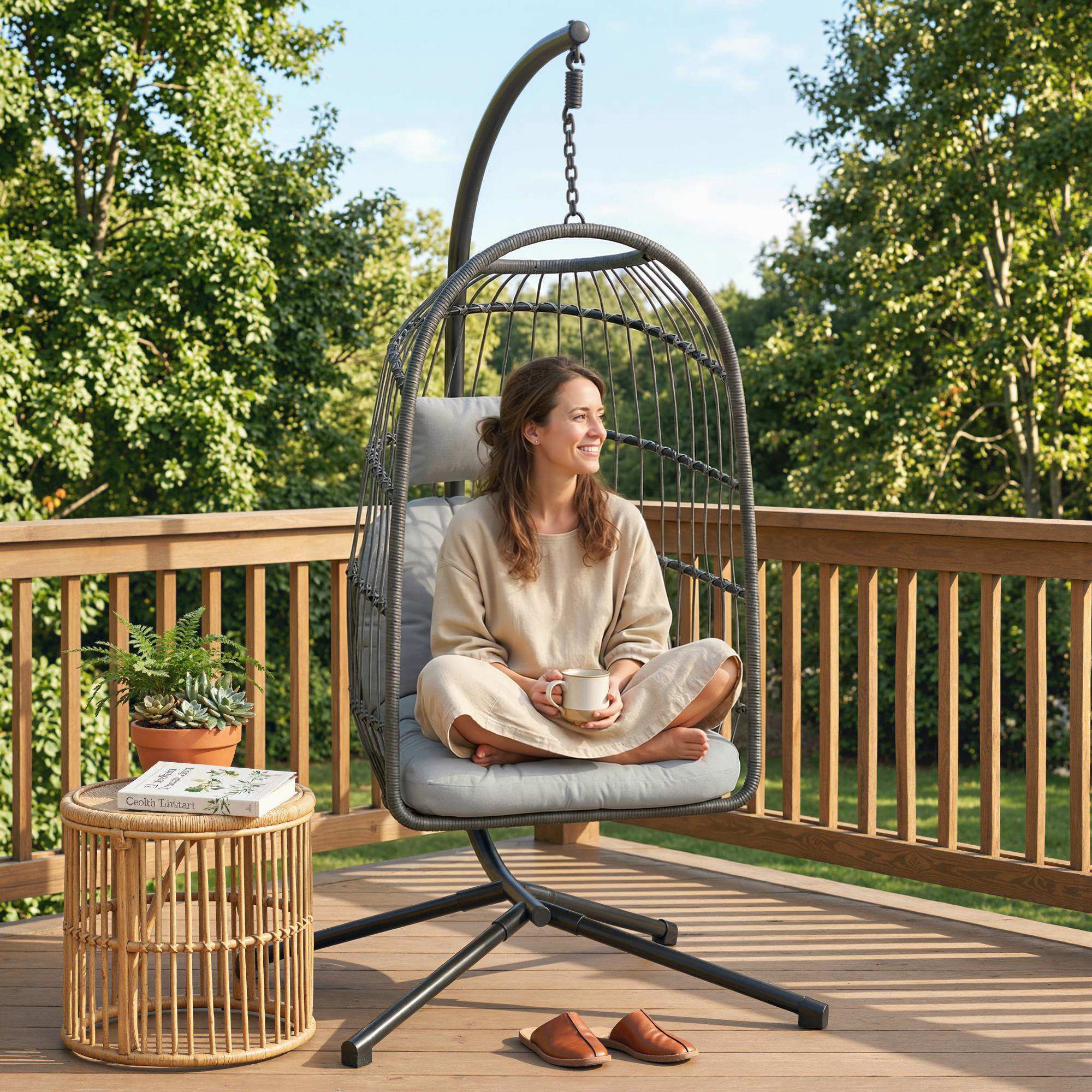 Outsunny Hanging Egg Chair, Indoor Outdoor Hammock Swing Chair with Stand, Safety Strap, Foldable Basket, Dark/Light Grey 