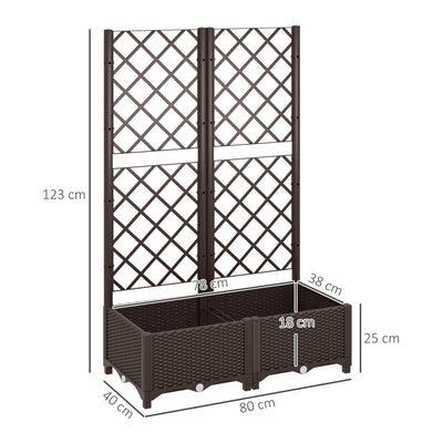 Outsunny Raised Garden Bed with Trellis, Plastic Planter Box with Drainage Holes and Drain Plugs for Climbing Plants, Vegetables, Flowers, Brown 