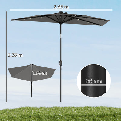 Outsunny 2.6 m Half Garden Parasol with Solar LED Lights, UPF50+ Semi Round Umbrella with 30° Tilt, Crank Handle, Dark Grey 