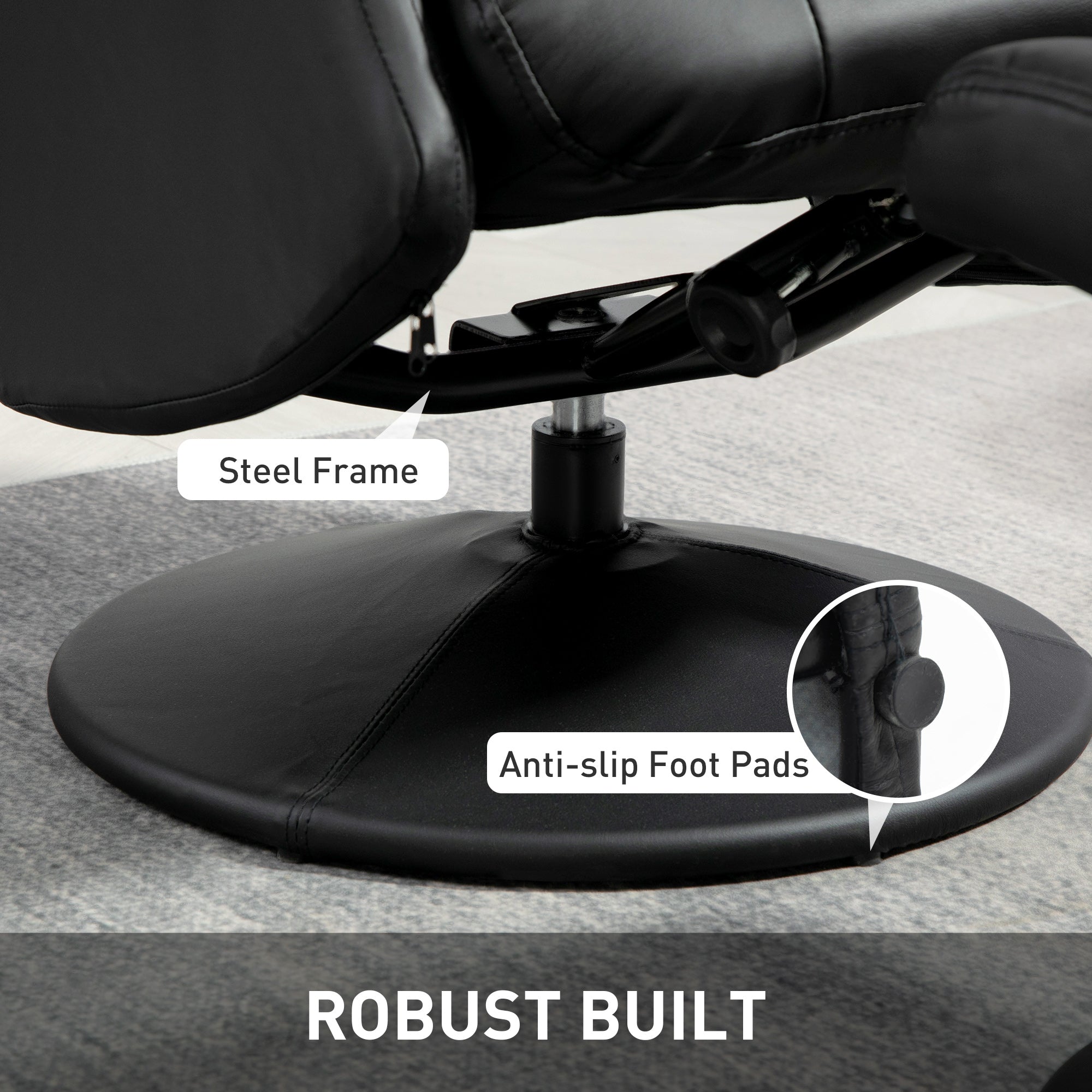 HOMCOM Swivel Recliner Chair with Footstool, PU Leather Recliner Armchair with Adjustable Back and Steel Frame, Reclining Chair Lounge with Flared Armrests for Living Room, Black 