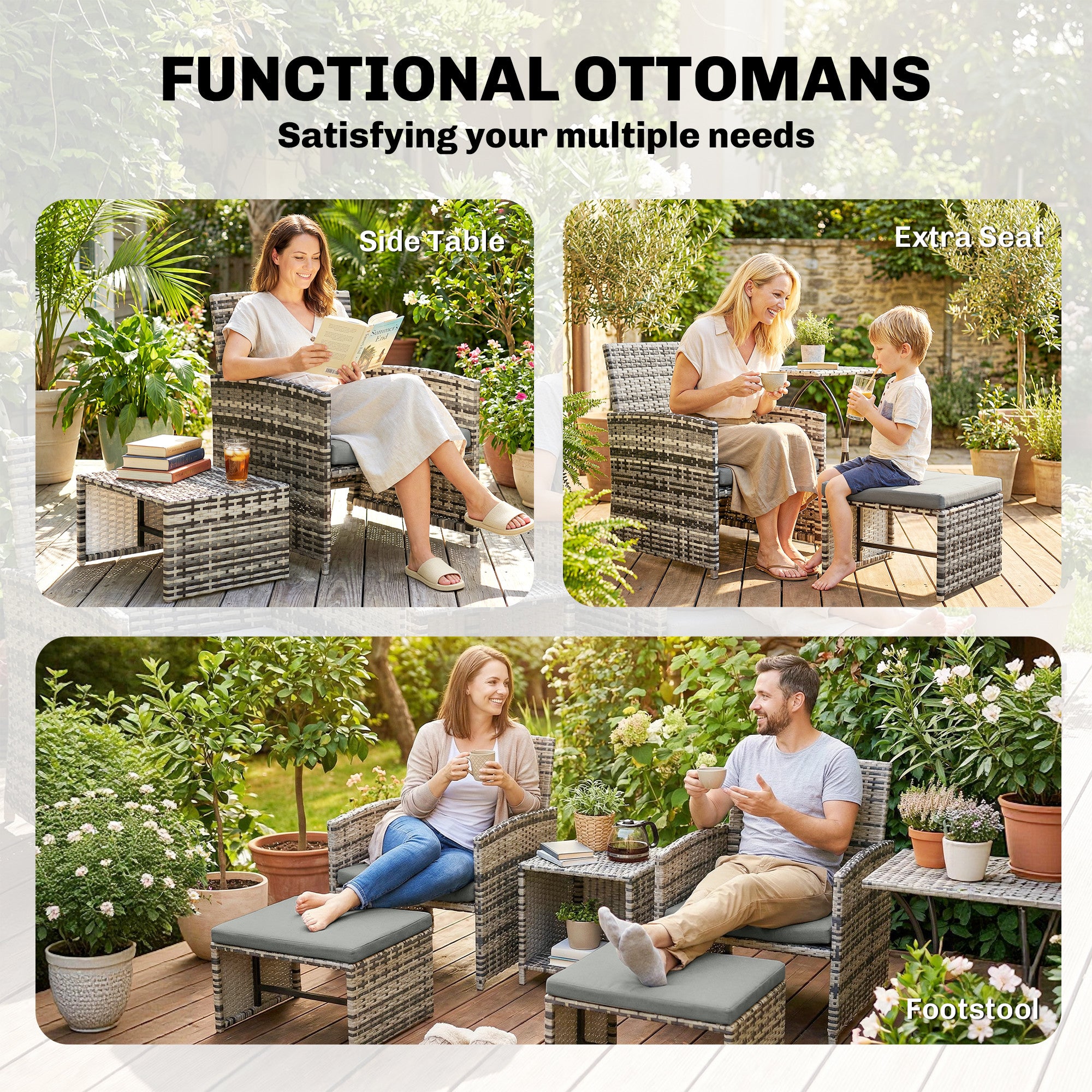 Outsunny 6 Piece Rattan Garden Furniture, Space-Saving Patio Furniture Set with Nesting Tables, Chairs, Stools, Cushions, Grey 