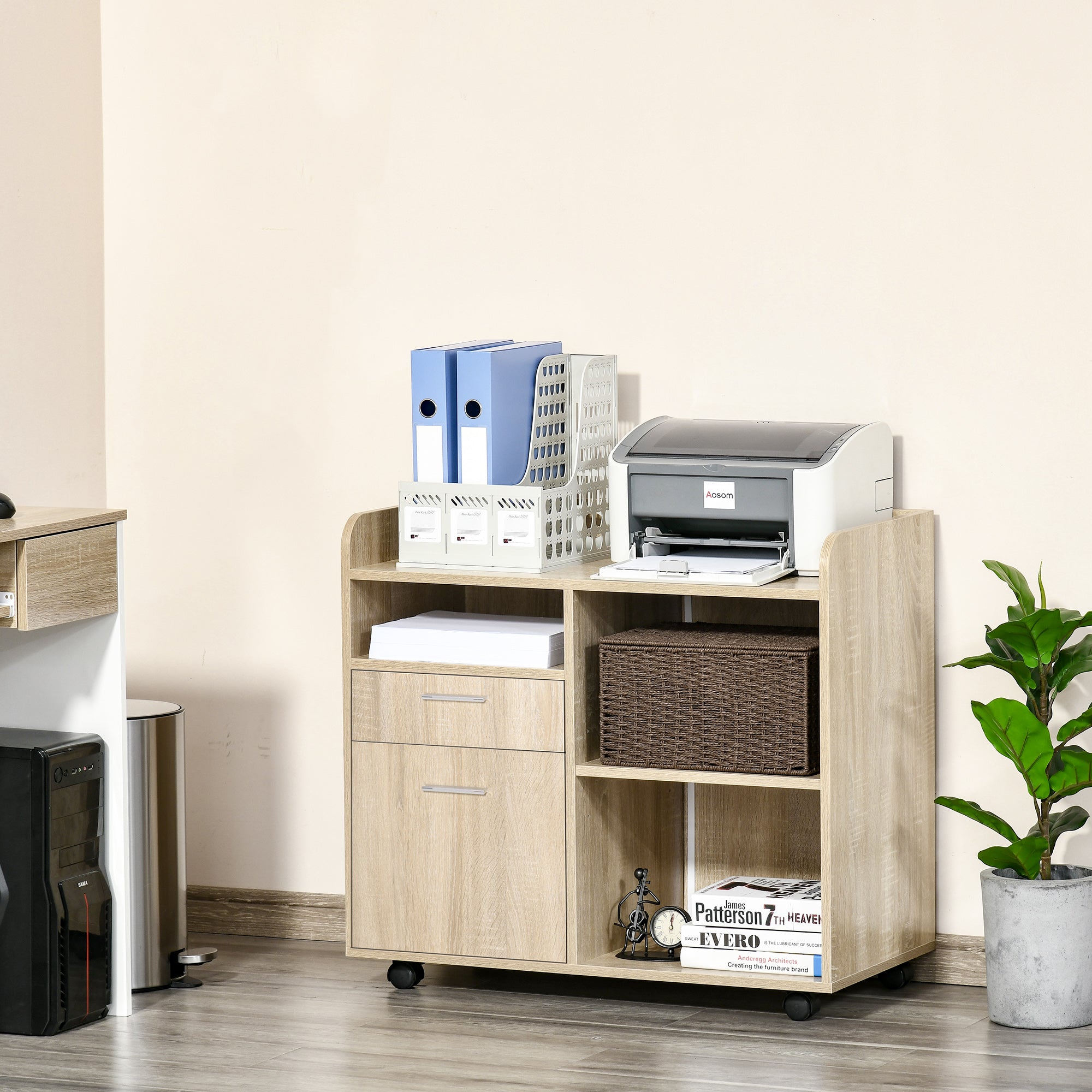 Vinsetto Multipurpose Filing Cabinet, Printer Stand with 2 Drawers, Open Adjustable Storage Shelves for Home Office, Living Room, File Cabinet with Hanging Bar for A4, Letter Size, Oak 