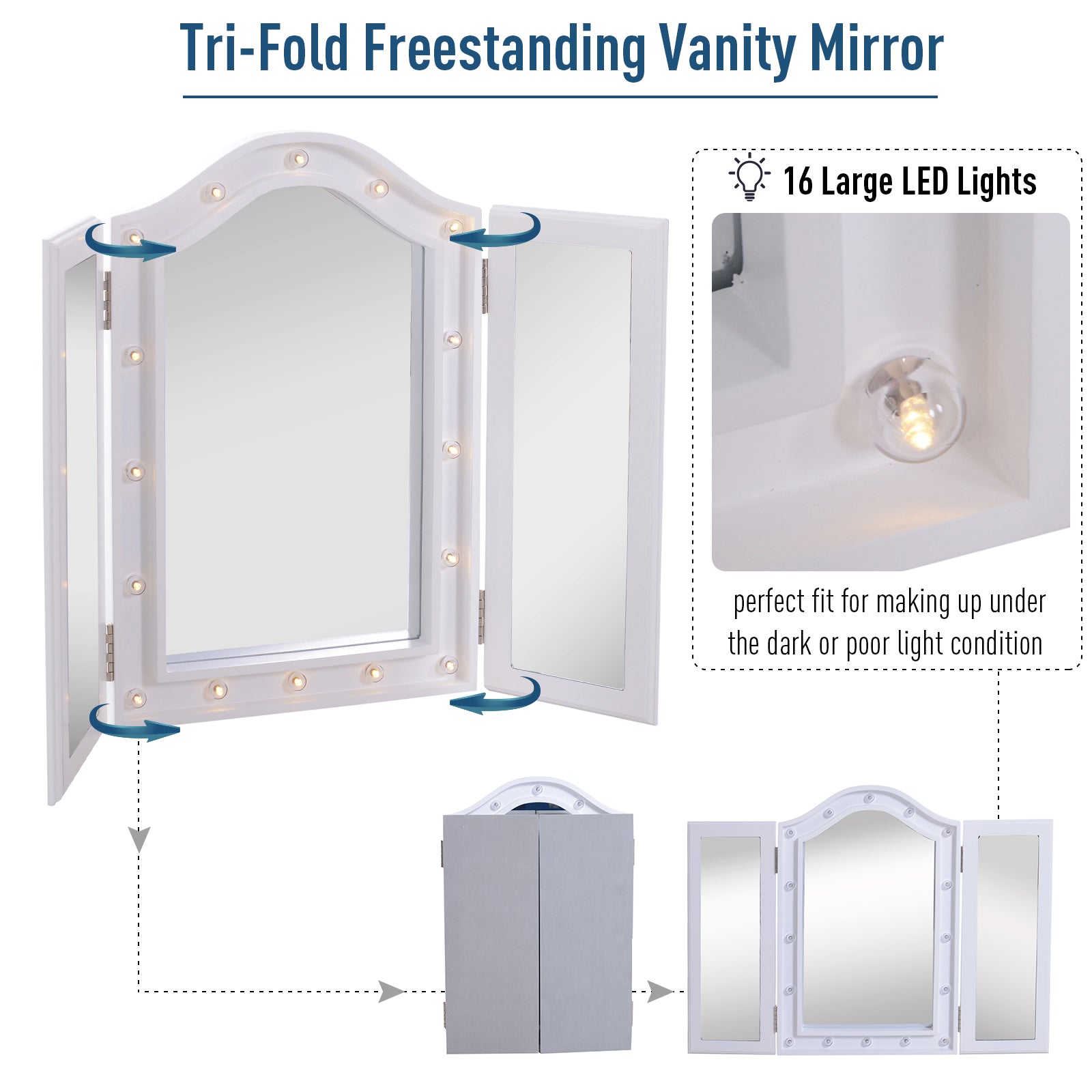 HOMCOM Trifold Freestanding Mirror, Lighted Tabletop Vanity Mirror Large Cosmetic w/16 LED Lights powered by batteries Foldable For Bedroom- White 