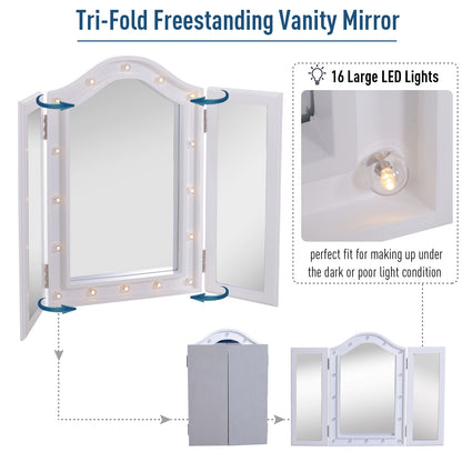 HOMCOM Trifold Freestanding Mirror, Lighted Tabletop Vanity Mirror Large Cosmetic w/16 LED Lights powered by batteries Foldable For Bedroom- White 