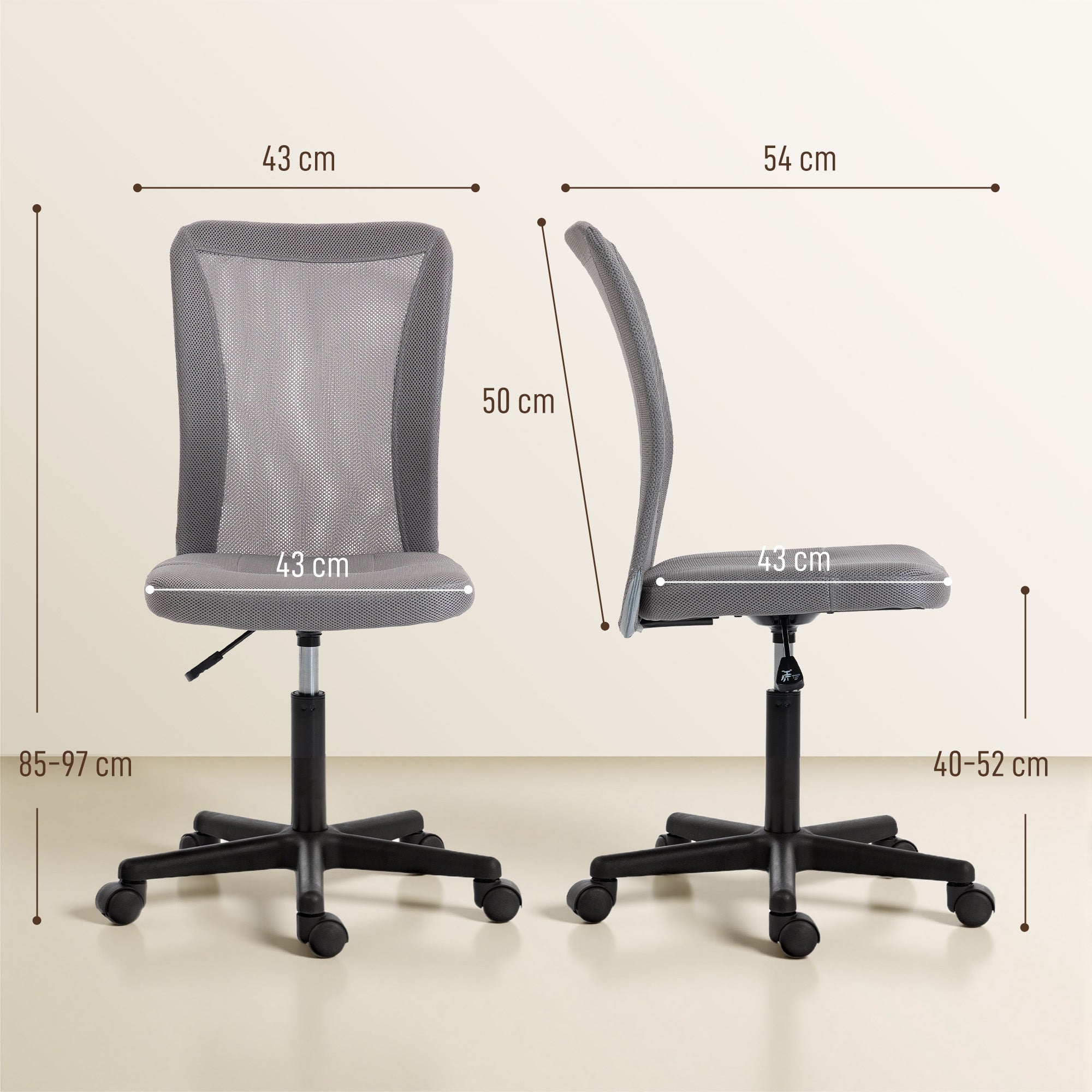 Vinsetto Computer Desk Chair, Mesh Office Chair with Adjustable Height and Swivel Wheels, Armless Study Chair, Grey 