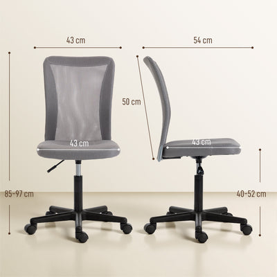 Vinsetto Computer Desk Chair, Mesh Office Chair with Adjustable Height and Swivel Wheels, Armless Study Chair, Grey 