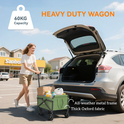 Outsunny 41L Festival Trolley on Wheels, Small Garden Folding Trolley Cart, 60kg Heavy Duty Collapsible Folding Wagon with Adjustable Handle and Carrying Bag for Beach, Camping, Festival, Green 