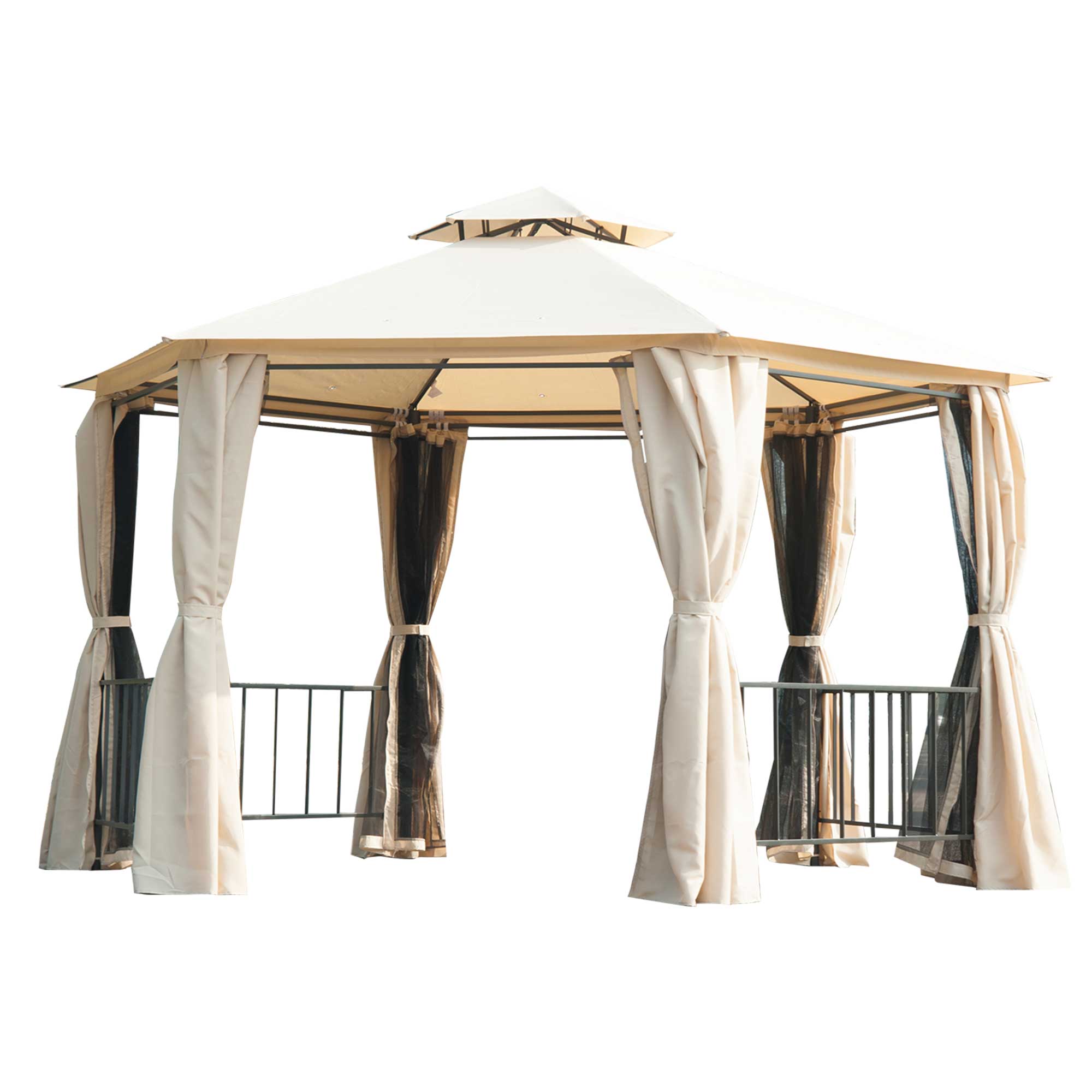 Outsunny 3 x 3(m) Hexagon Gazebo Patio Canopy Party Tent Outdoor Garden Shelter w/ 2 Tier Roof & Side Panel - Beige 